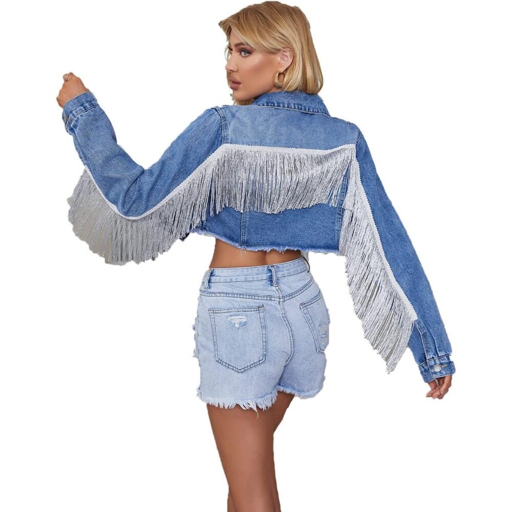 Women’s Cotton Blend Crop Denim Jacket Fringe Tassel Casual Jean Coat